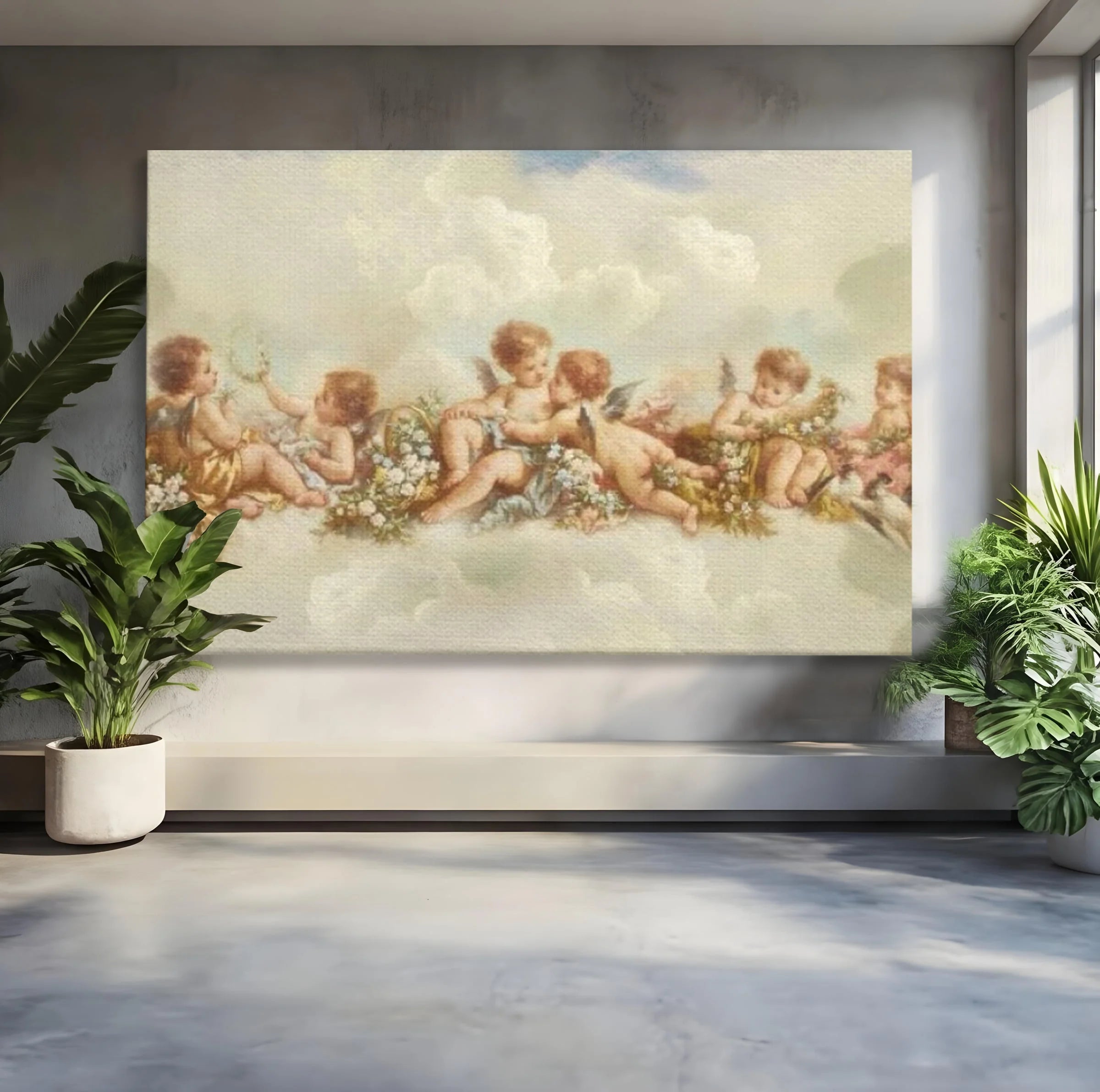 Tablou canvas cu pictura canvas cu ingerase pe nori, fara rama, pe sasiu de lemn
